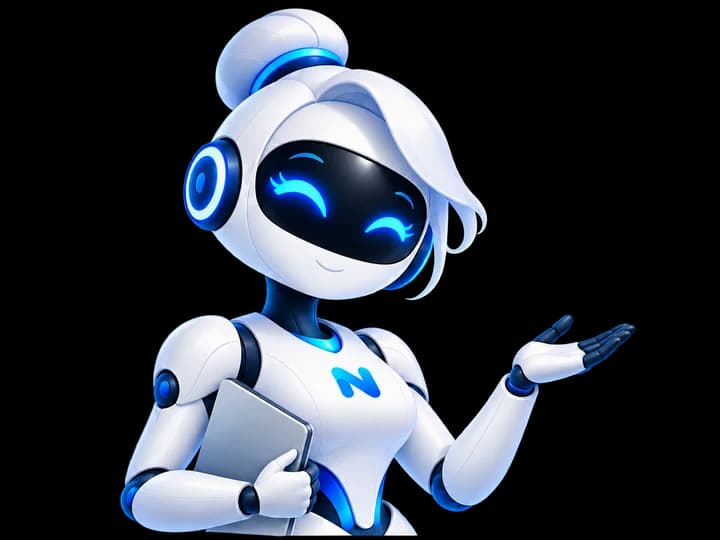 Mascote da NIVOTA: robô feminino sorridente, com tablet e gesto de boas-vindas